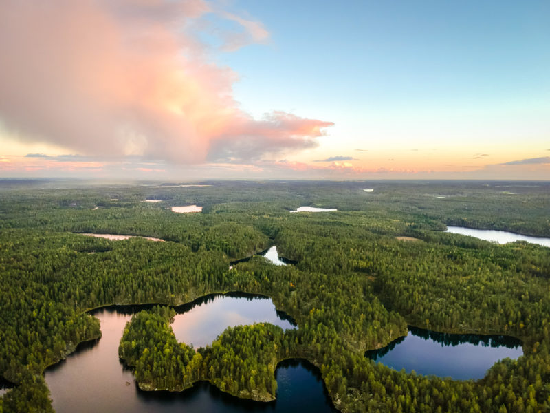 Aerial photo of Nuuksio National Park, beautiful Finnish nature with lakes and forest